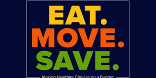 navy blue box with EAT in gold, MOVE in orange, and SAVE in green