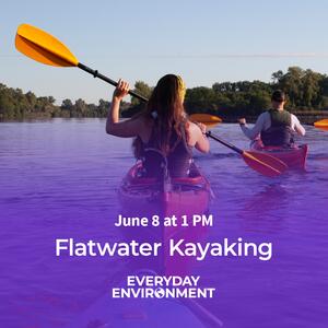 two people paddling kayaks on a small lake