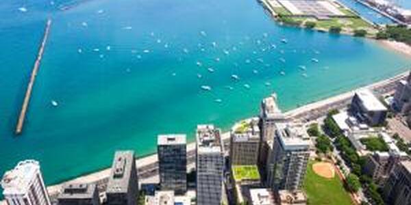 Aerial shot of Lake Michigan harbor with downtown area