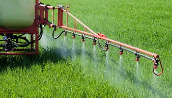 herbicide sprayer spraying over wheat