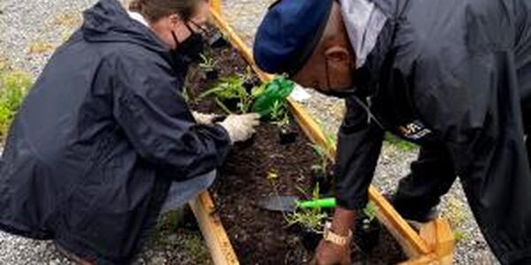 man and woman planting in planter box