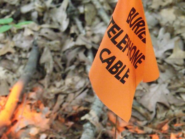 Orange flag marks the location of an underground utility line in a leaf-covered yard..