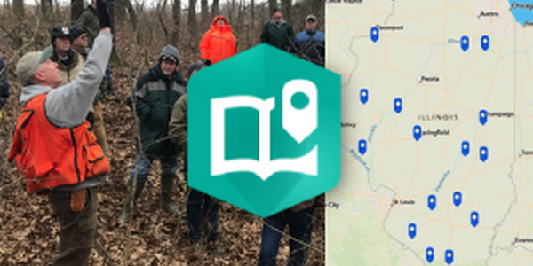 man in orange vest with group in forest next to screen grab of map directory