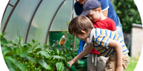 Mother with boys in greenhouse